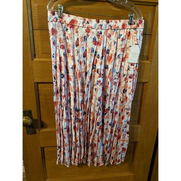 Time & Tru Midi Skirt XL (16-18) Red Pink Floral Crinkle Womens - Picture 1 of 5